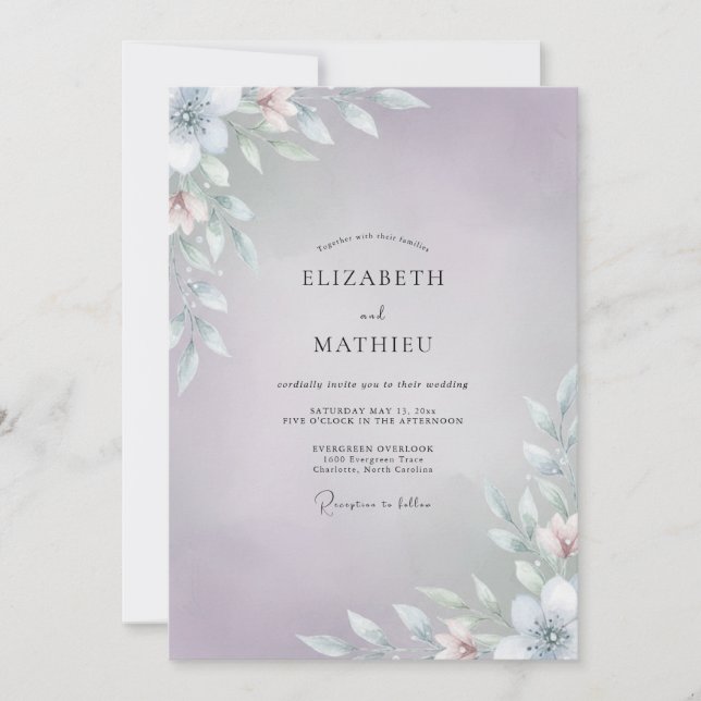Periwinkle Silver Leafy Wedding Invitation (Front)