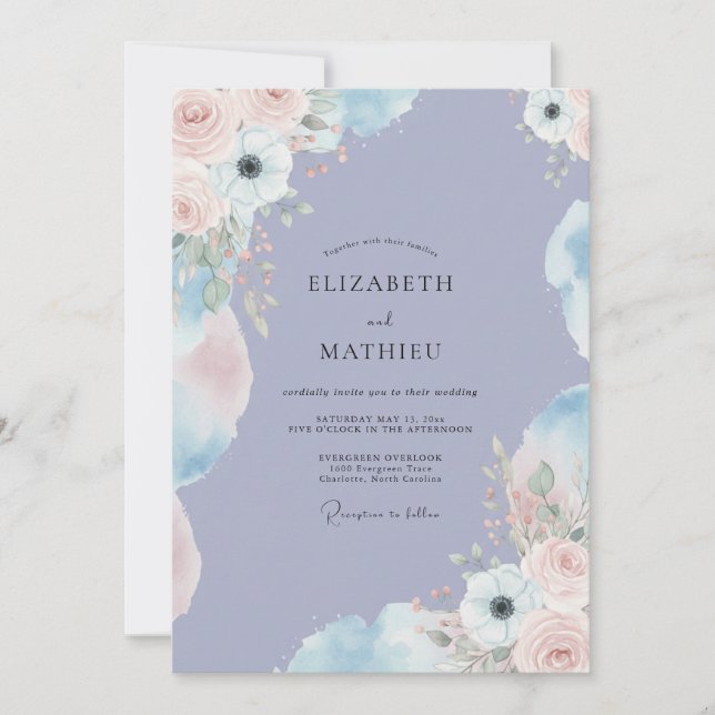 Periwinkle Soft Blush Peony Wedding Invitation (Front)
