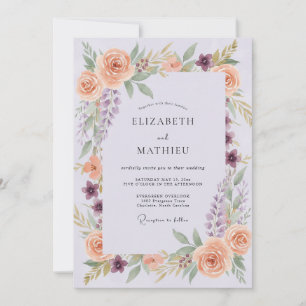 Periwinkle Soft Peach Wreath Wedding Invitation