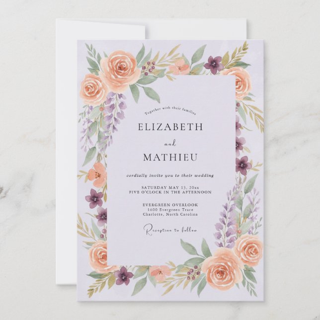 Periwinkle Soft Peach Wreath Wedding Invitation (Front)