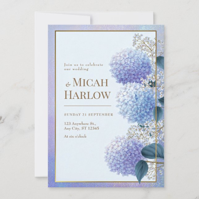 Periwinkle Stardust Hydrangea Gold Frame Wedding Invitation (Front)