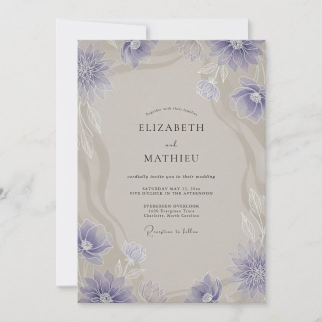 Periwinkle Taupe Anemone Wedding Invitation (Front)