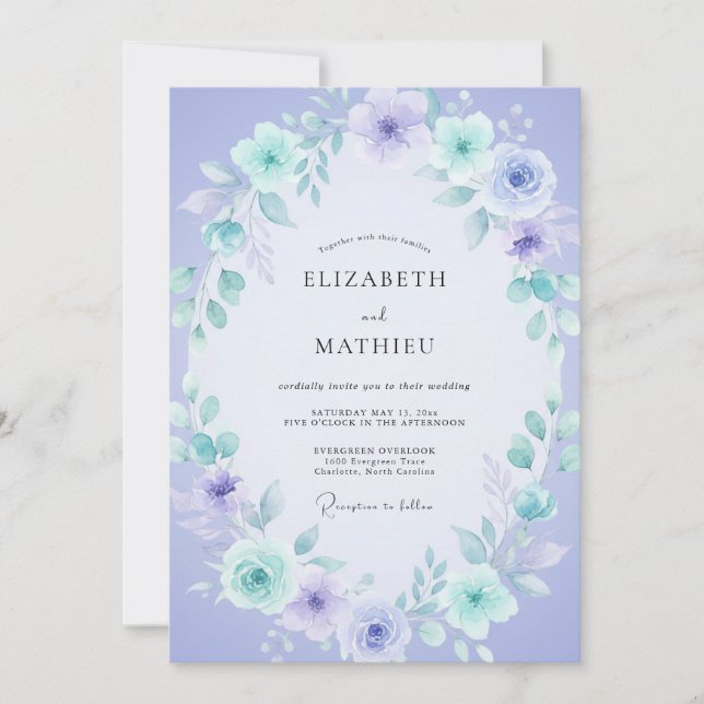 Periwinkle Teal Foliage Soft Eucalyptus Wedding Invitation (Front)