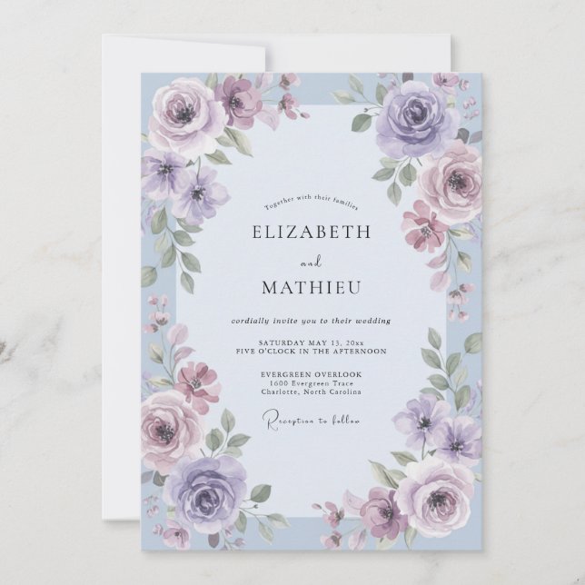 Periwinkle Violet Leafy Wedding Invitation (Front)