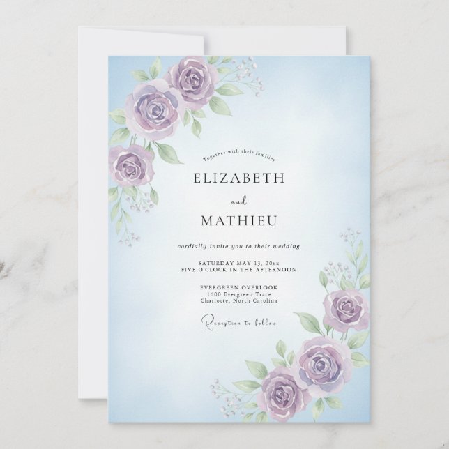 Periwinkle Violet Ranunculus Eucalyptus Wedding Invitation (Front)
