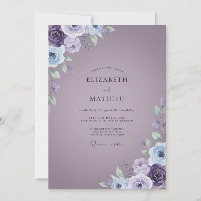 Periwinkle Violet Ranunculus Sage Wedding Invitation (Front)