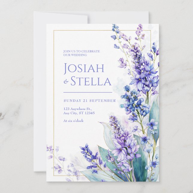 Periwinkle Watercolor Muscari Gold Frame Wedding Invitation (Front)