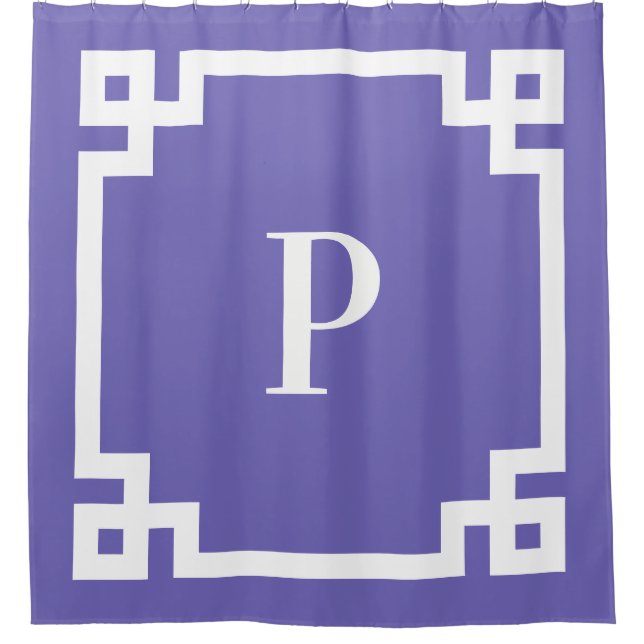 Periwinkle White Greek Key Bold Border Monogram Shower Curtain (Front)