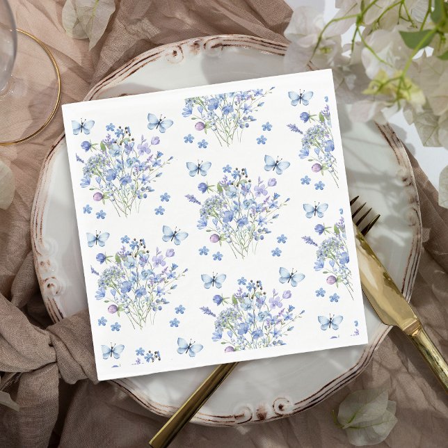 Periwinkle Wildflower Butterflies Floral Wedding Napkin (Delicate Floral and Butterfly Napkins from my Lilac + Periwinkle Wildflower Wedding Collection)