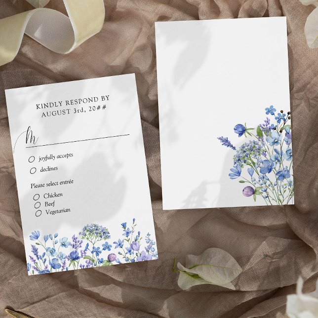 Periwinkle Wildflower Wedding Floral Meal Options RSVP Card (Wedding RSVP with Menu Selection from my Lilac + Periwinkle Wildflower Wedding Collection)