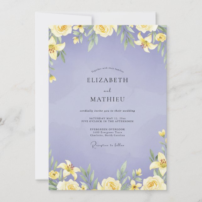 Periwinkle Yellow Lily Wedding Invitation (Front)