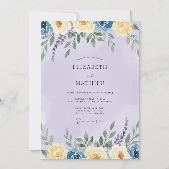 Periwinkle Yellow Ranunculus Eucalyptus Wedding Invitation (Front)