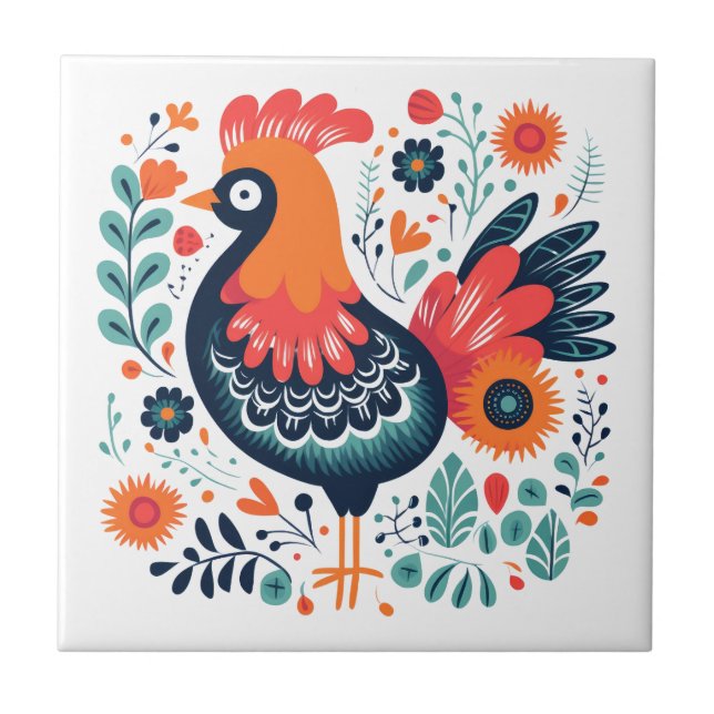 Perky Rooster Scandinavian Folk Art Ceramic Tile (Front)
