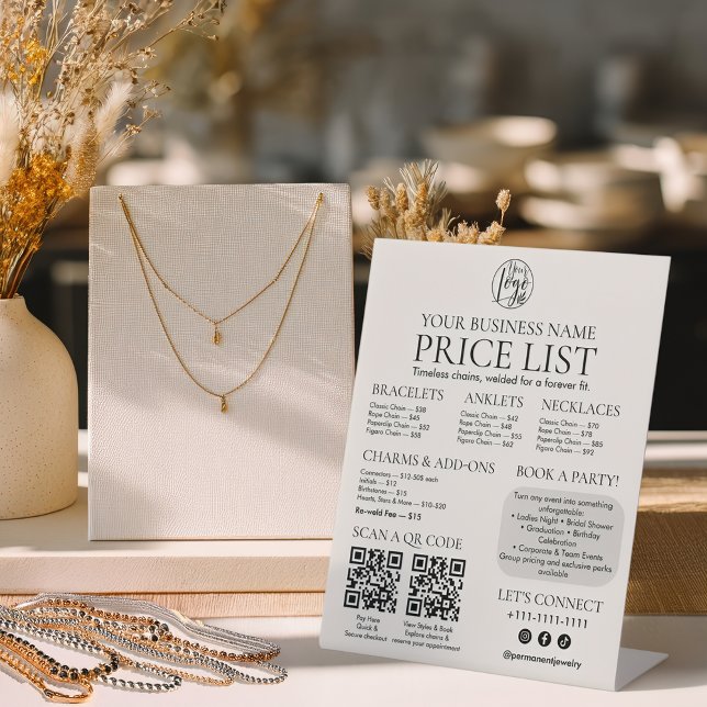 Permanent Jewellery Display Price List QR code Men Pedestal Sign (Permanent Jewelry Display Price List QR code Menu Pedestal Sign)