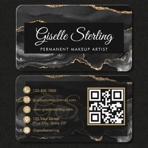 Permanent Makeup Artist Black Gold QR Code  Business Card