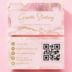 Permanent Makeup Artist Blush Pink Agate QR Code Business Card