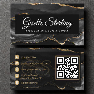 Permanent Makeup Artist QR Code Black Gold Agate Business Card