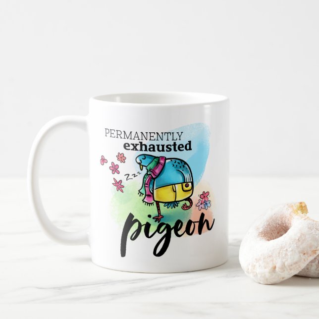 Permanently Exhausted Pigeon Bird Illustration Coffee Mug (With Donut)