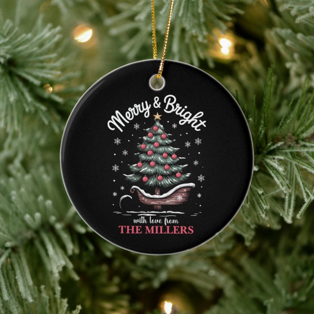 Peronalized Christmas Sleigh Tree Merry & Bright  Ceramic Ornament (Tree)