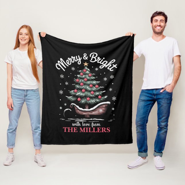 Peronalized Christmas Sleigh Tree Merry & Bright  Fleece Blanket (In Situ)