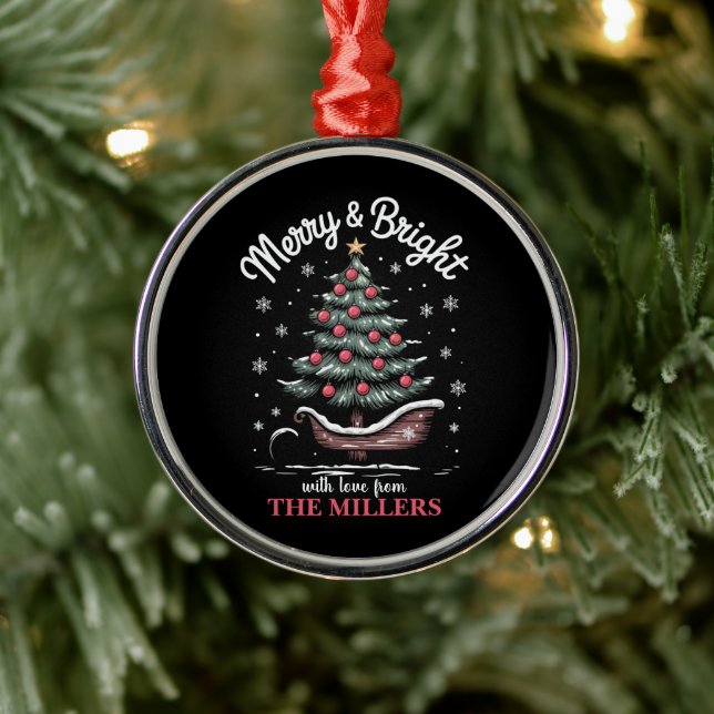 Peronalized Christmas Sleigh Tree Merry & Bright  Metal Ornament (Tree)