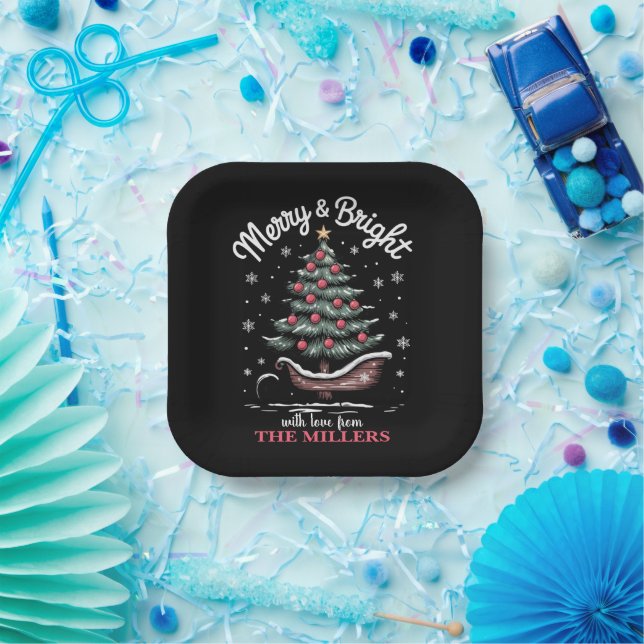 Peronalized Christmas Sleigh Tree Merry & Bright  Paper Plate (Party)