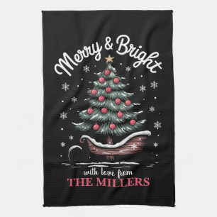 Peronalized Christmas Sleigh Tree Merry & Bright Tea Towel