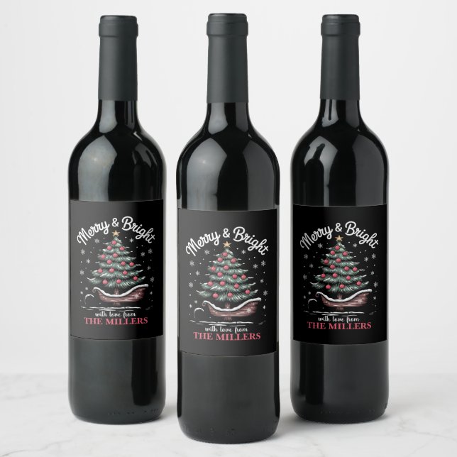 Peronalized Christmas Sleigh Tree Merry & Bright  Wine Label (Bottles)