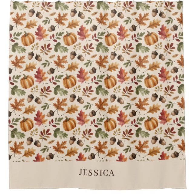 Peronalized Fall Earthy Orange Watercolor Leaves Shower Curtain (Front)
