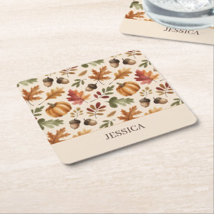 Peronalized Fall Earthy Orange Watercolor Leaves Square Paper Coaster