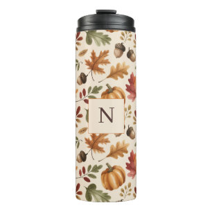 Peronalized Fall Earthy Orange Watercolor Leaves Thermal Tumbler