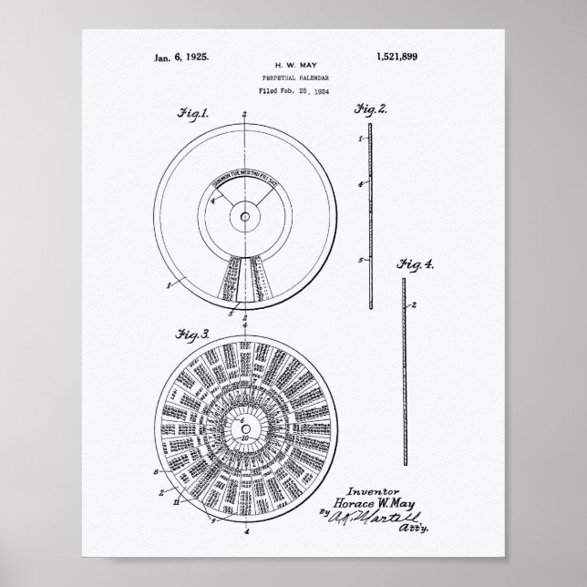 Perpetual Calendar 1925 Patent Art White Paper Poster (Front)
