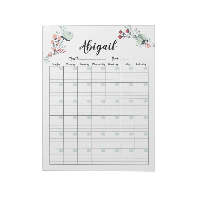 Perpetual Monthly Planner Calendar Cute Floral Notepad (Rotated)