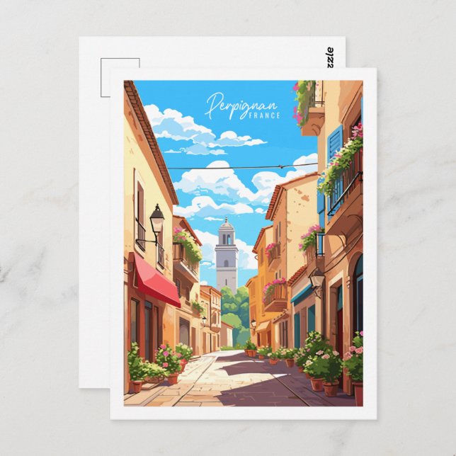 Perpignan France vintage travel place illustration Postcard (Front/Back)