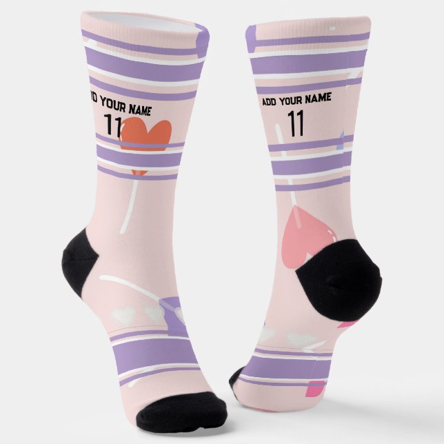 Perple & Pink- Name Number heart Socks (Angled)