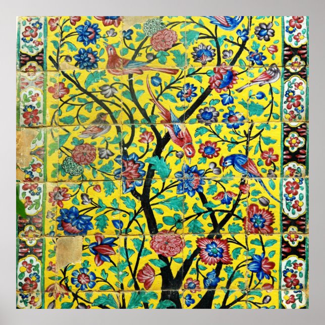 Persian Art Flowers and Birds Tile Mosaic, Iran Poster (Front)