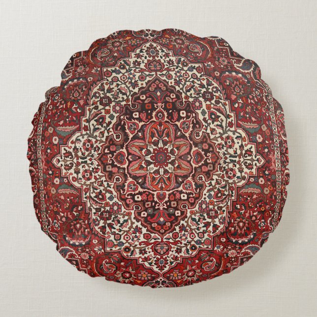 Persian Bakhtiari Deep Dark Red Tan  Round Cushion (Front)