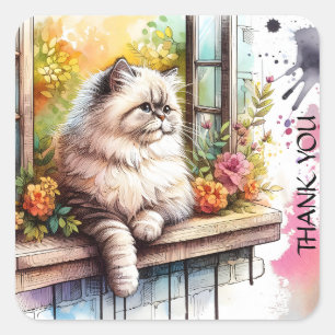 Persian Beige Grey Cat in Window Summer Flowers Square Sticker