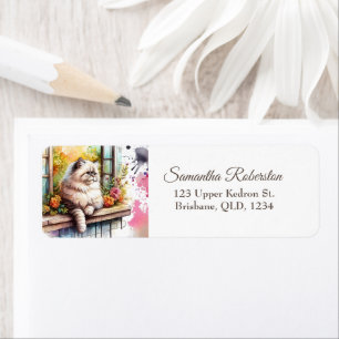 Persian Beige Grey Cat on Window Summer Floral Return Address Label