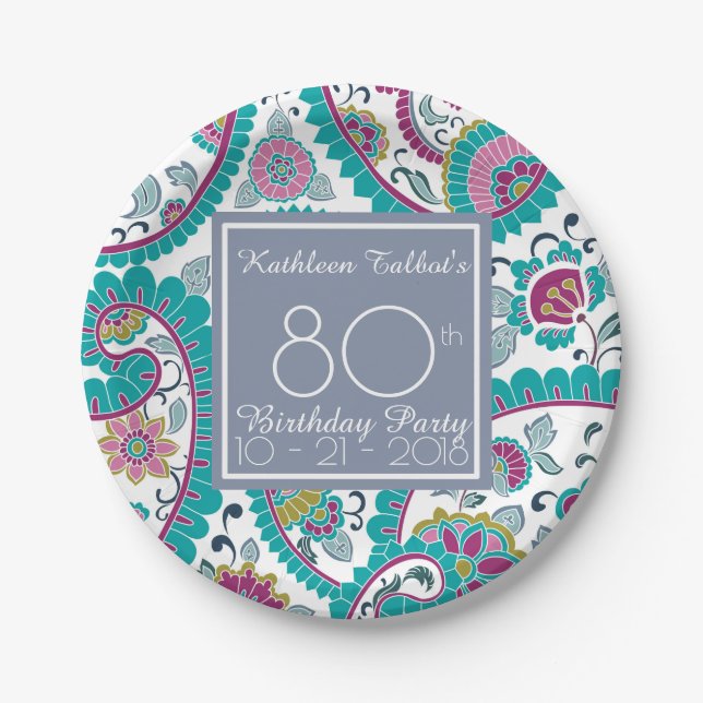 Persian Boteh Paisley 80th Birthday Party Paper P Paper Plate (Front)