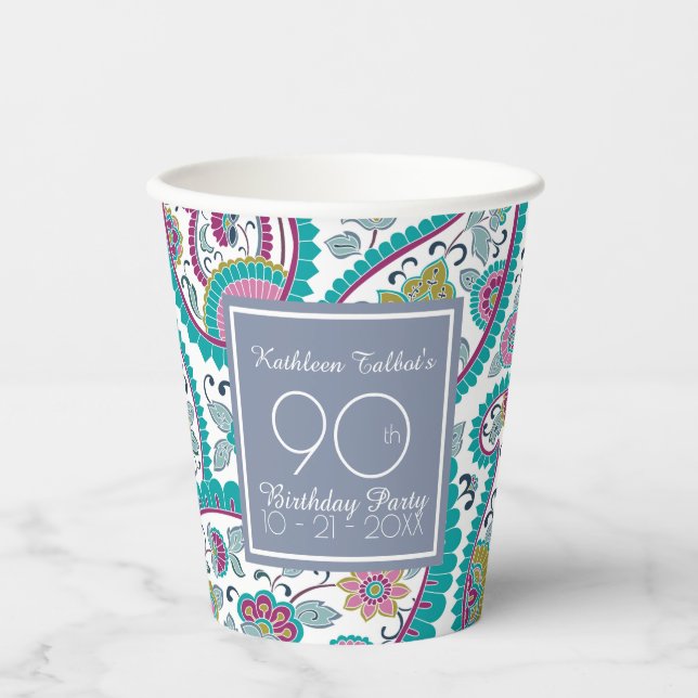 Persian Boteh Paisley 90th Birthday Party Paper C  Paper Cups (Front)