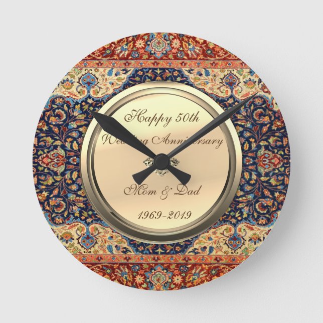 Persian Carpet Diamond 50th Wedding Anniversary Round Clock (Front)