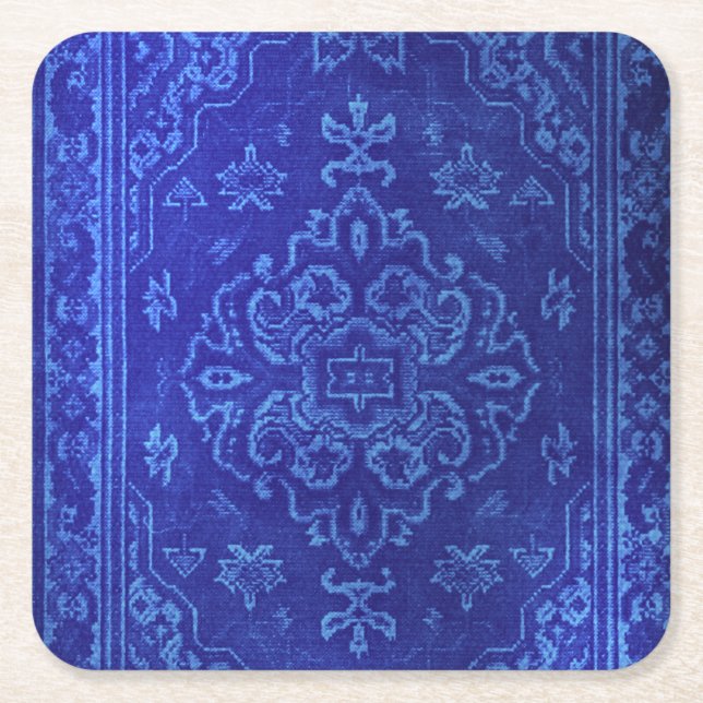 Persian carpet look in blue square paper coaster (Front)