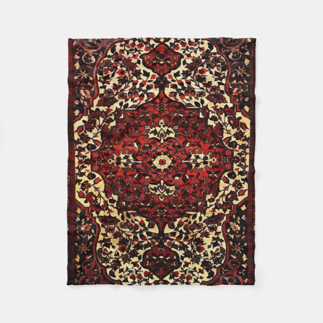 Persian carpet look in dark red and cream fleece blanket (Front)