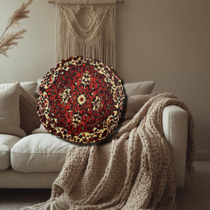 Persian carpet look in dark red and cream round cushion