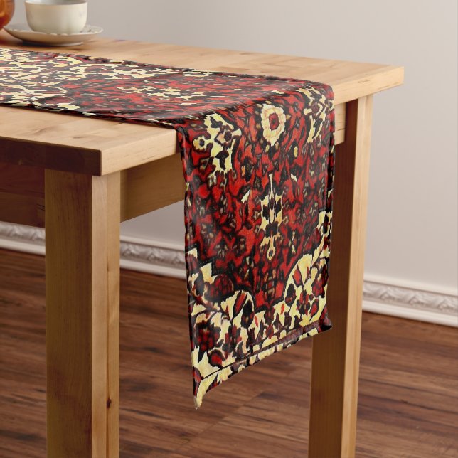 Persian carpet look in dark red and cream short table runner (In Situ)
