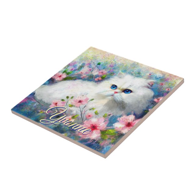Persian Cat Blue Eyes in Pink Flowers Personalised Ceramic Tile (Side)