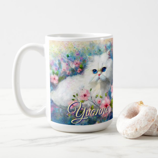 Persian Cat Blue Eyes in Pink Flowers Personalised Coffee Mug (With Donut)