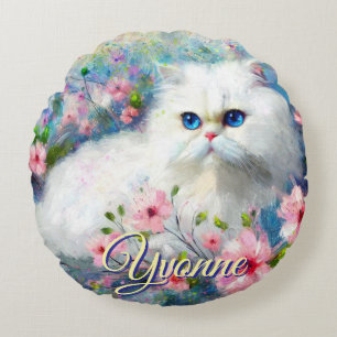 Persian Cat Blue Eyes in Pink Flowers Personalised Round Cushion
