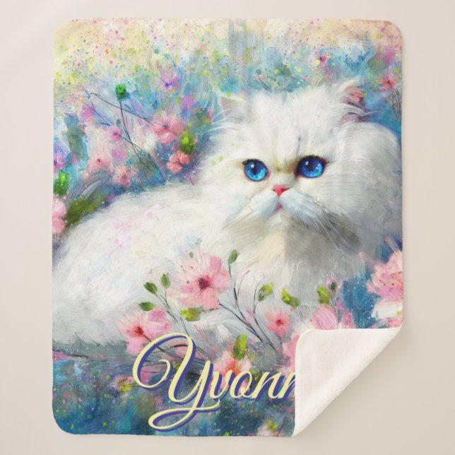 Persian Cat Blue Eyes in Pink Flowers Personalised Sherpa Blanket (Front)